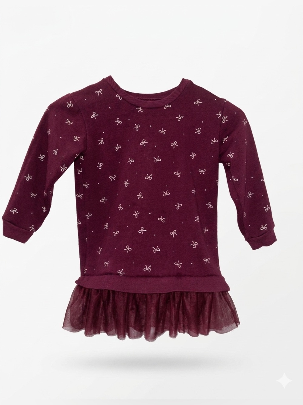 Girls Maroon Bow-Print Long Sleeve Top with Tulle Hem